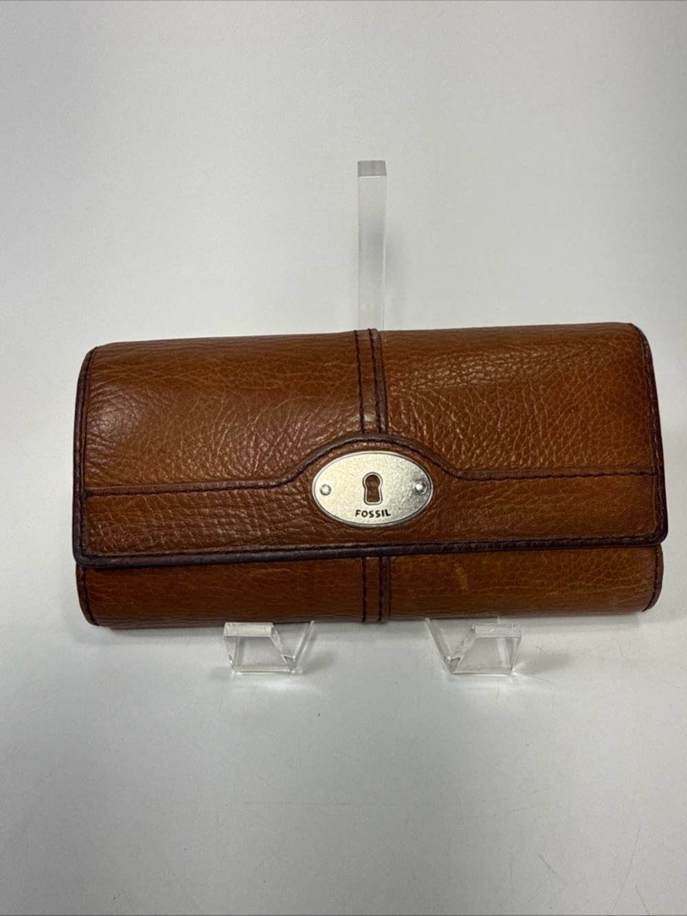 Fossil Maddox Cognac Brown Pebble Leather Clasp Wallet organizer clutch